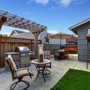 SUNHEAT Square Golden Hammered Tabletop Heater on an outdoor dining table