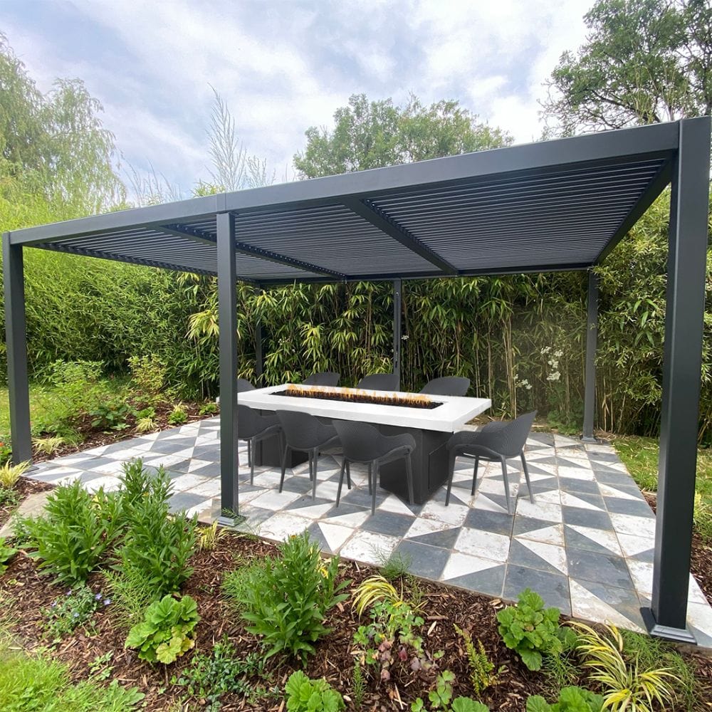 Top Fires Alameda Black and White Steel Gas Fire Pit Table in Outdoor Area