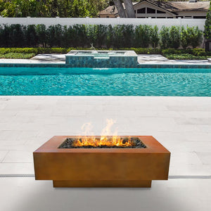 Top Fires Coronado 48" Corten Steel Gas Fire Pit near Swimming Pool