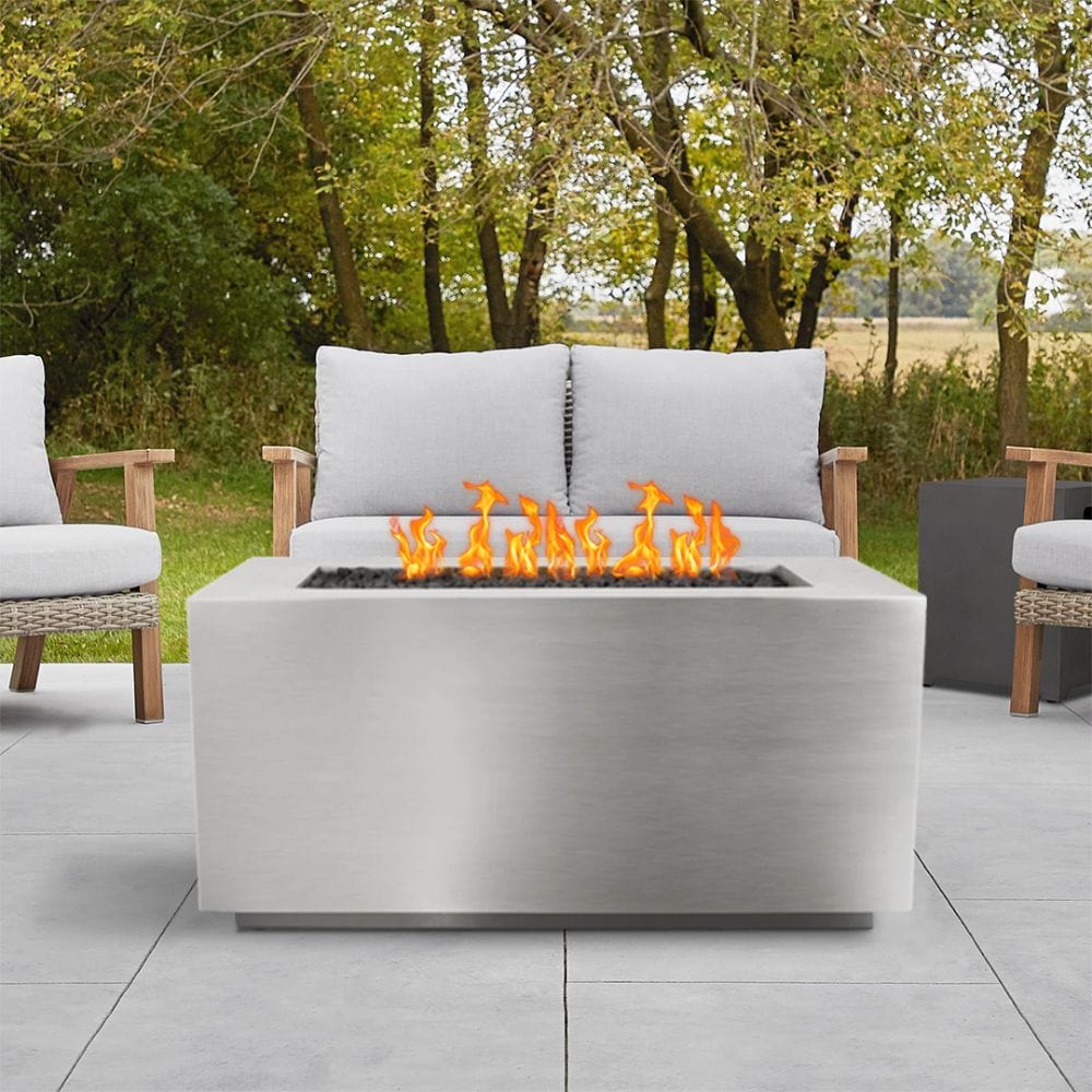 Pismo 42" Stainless Steel Fire Pit with Chairs and Trees