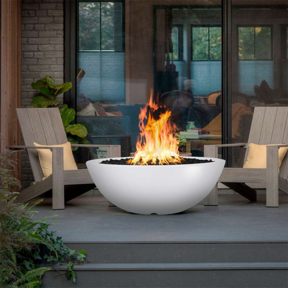 Top Fires Sedona Limestone GFRC Gas Fire Bowl Between Wooden Chairs