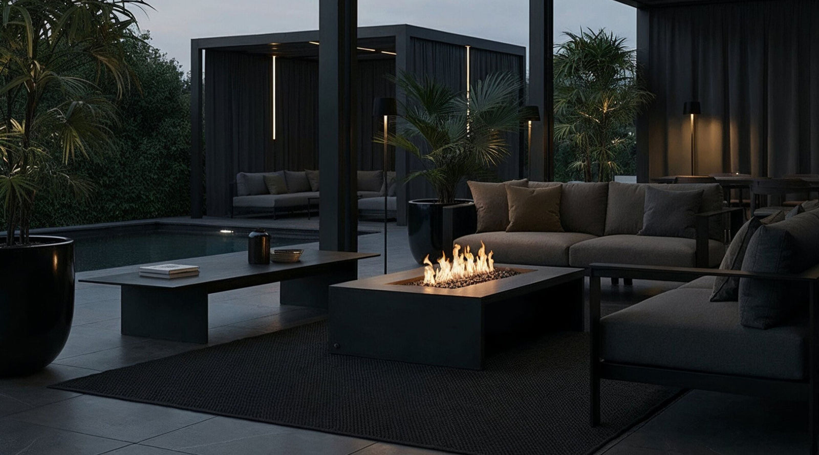 Rectangular concrete fire pit poolside