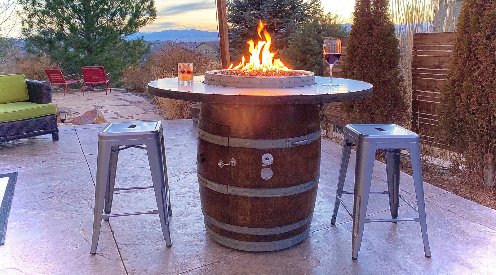 wine barrel dude fire pit on a patio