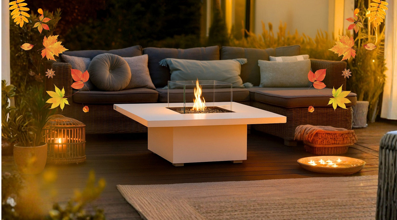 A serene back patio with a lit fire pit