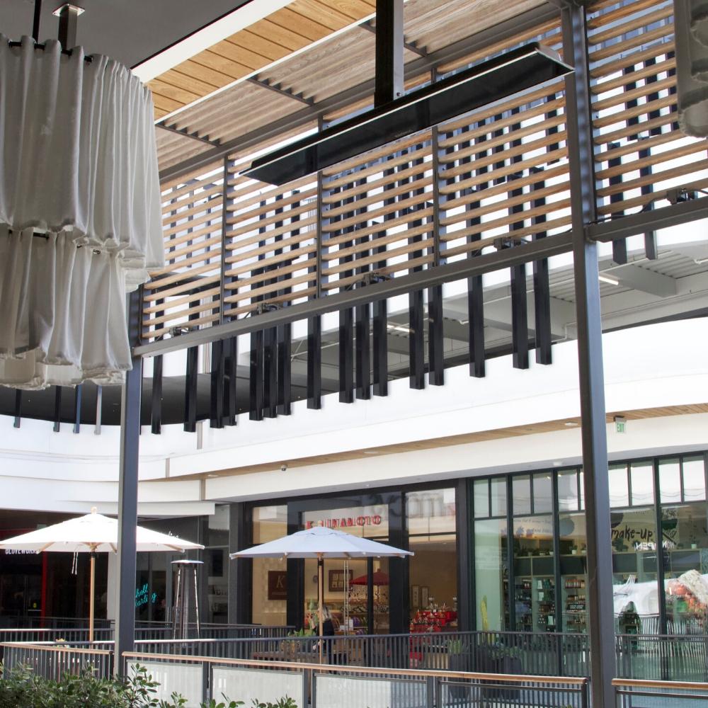 Bromic Platinum Smart-Heat Electric Patio Heater Suspended in Restaurant - installation view