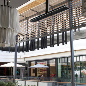 Bromic Platinum Smart-Heat Electric Patio Heater Suspended in Restaurant - installation view