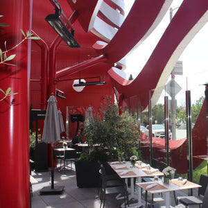 Bromic Tungstan Electric Heaters Mounted Overhead in Restaurant