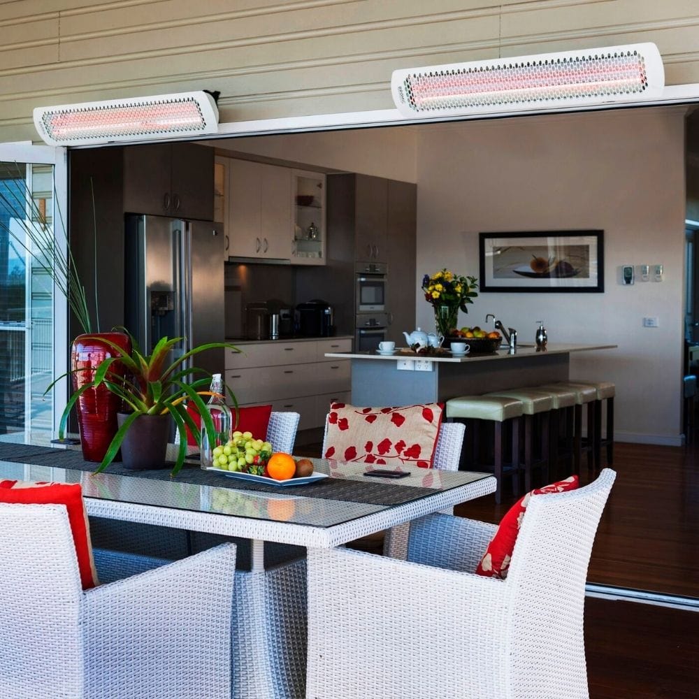 Bromic Tungsten Smart-Heat White Wall Mounted Electric Heaters in Outdoor Dining Area
