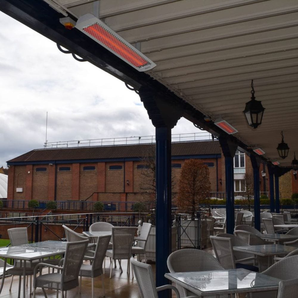 Bromic White Tungstan Electric Heaters Mounted Overhead in Covered Area