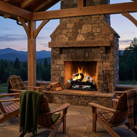 Majestic 2-Tier Stadium Outdoor Burner vented gas log set in Grand Birch burning in a fieldstone outdoor fireplace in a mountain backyard pavilion