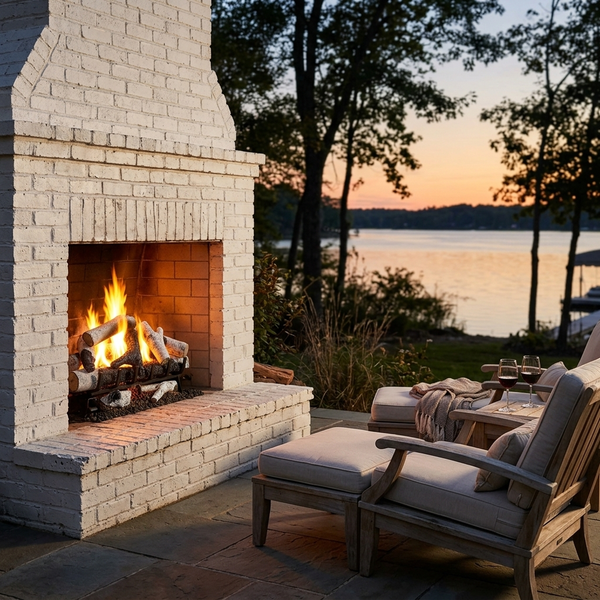 Majestic 2-Tier Stadium Outdoor Burner vented gas log set in Grand Birch glowing in a white brick outdoor fireplace on a lakeside patio at sunset