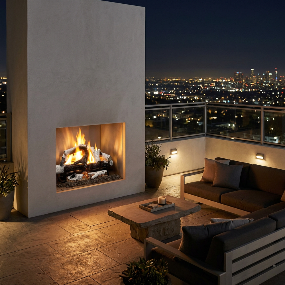 Majestic 2-Tier Stadium Outdoor Burner vented gas log set in Grand Birch burning in a stucco outdoor fireplace on a rooftop terrace at night