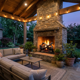 Majestic 2-Tier Stadium Outdoor Burner vented gas log set in Grand Oaks burning in a tall outdoor stone fireplace on a covered patio with string lights