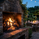 Majestic 2-Tier Stadium Outdoor Burner vented gas log set in Grand Oaks glowing in an outdoor brick fireplace beside a dinner table on a backyard terrace