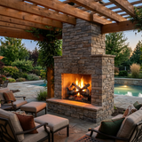 Majestic 2-Tier Stadium Outdoor Burner vented gas log set in Grand Oaks burning in a stacked-stone outdoor fireplace under a pergola by the pool