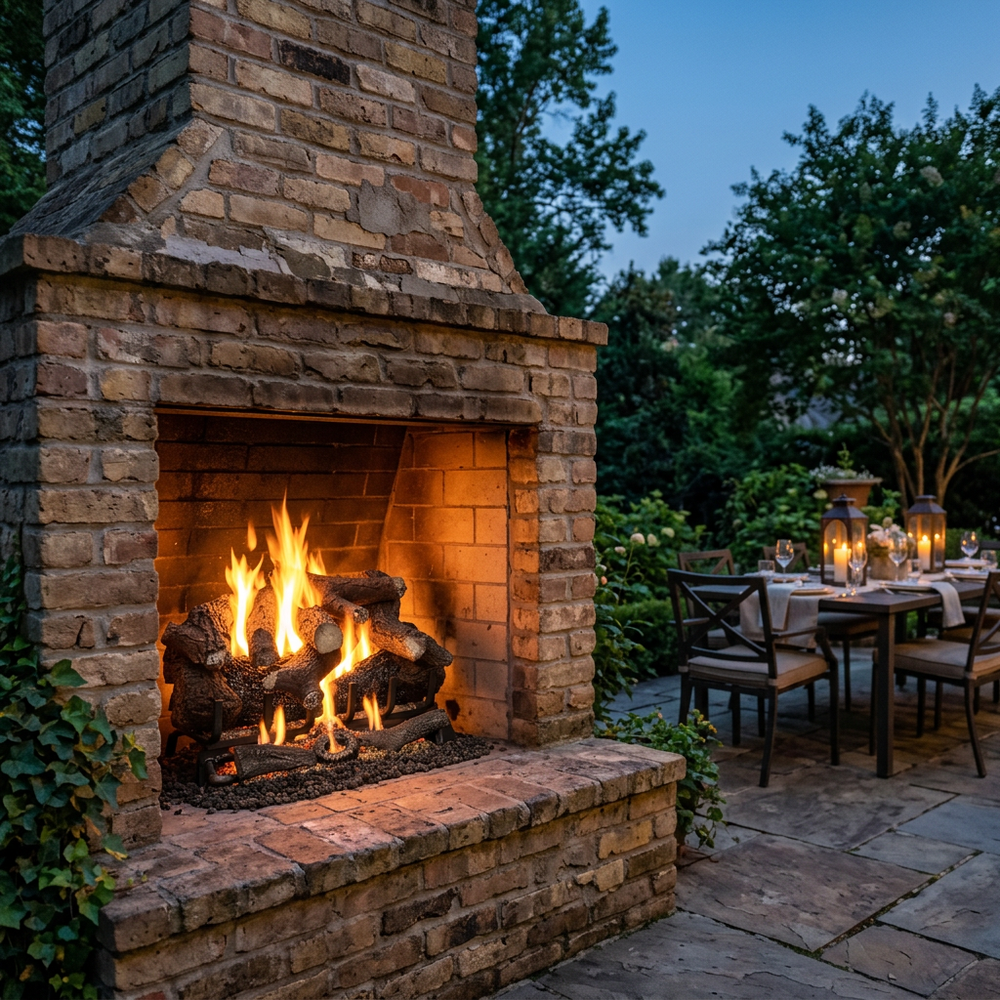 Majestic 2-Tier Stadium Outdoor Burner vented gas log set in Heritage Oak glowing in an outdoor brick fireplace beside a dinner table on a backyard terrace
