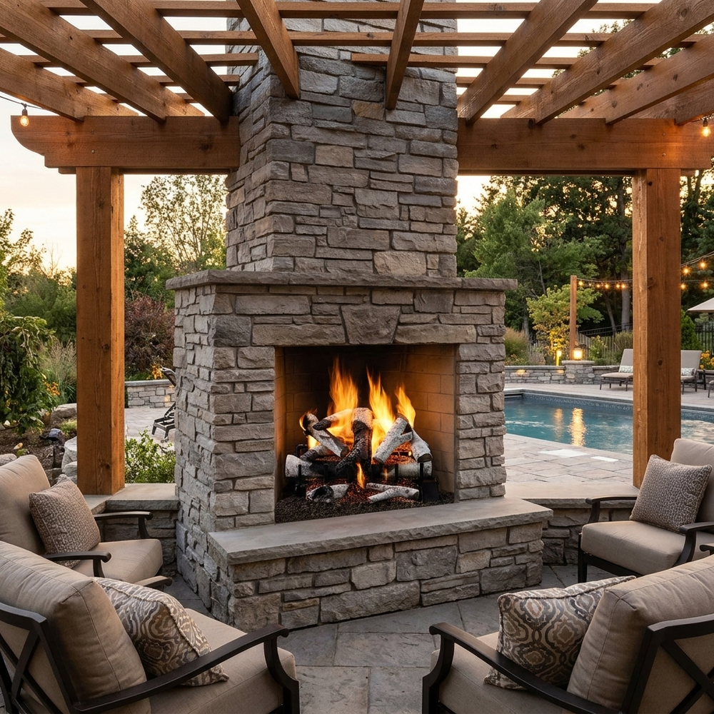 Majestic 3-Tier Stadium Outdoor Burner vented gas log set in Grand Birch burning in a stacked-stone outdoor fireplace under a pergola by the pool