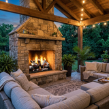 Majestic 3-Tier Stadium Outdoor Burner vented gas log set in Grand Birch burning in a tall outdoor stone fireplace on a covered patio with string lights