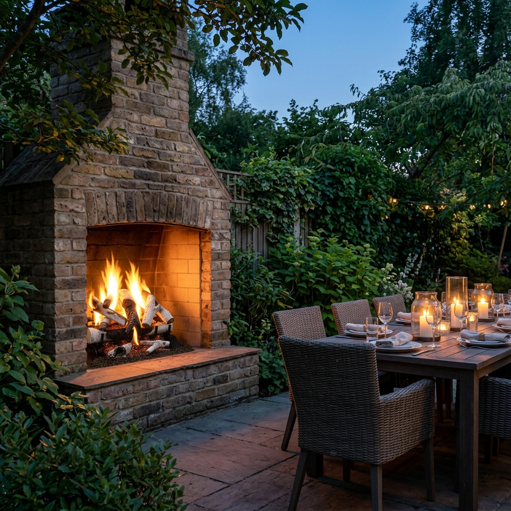 Majestic 3-Tier Stadium Outdoor Burner vented gas log set in Grand Birch glowing in an outdoor brick fireplace beside a dinner table on a backyard terrace