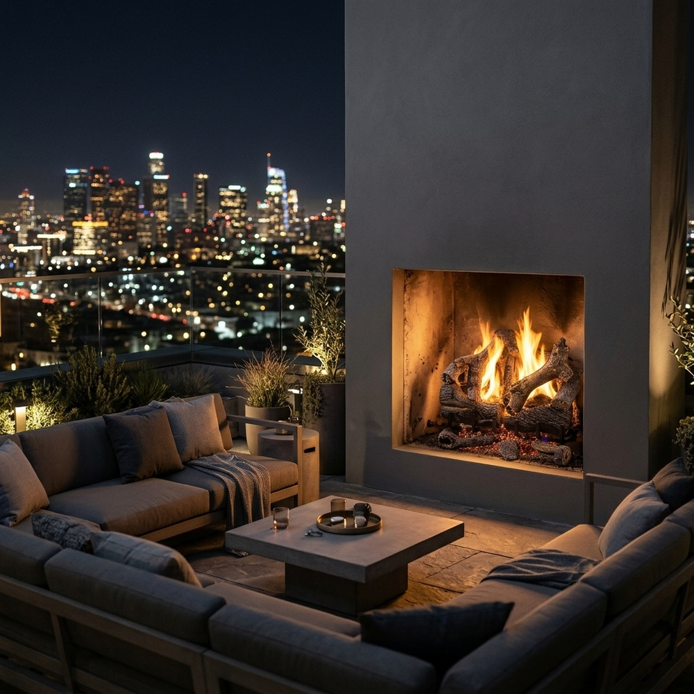 Majestic 3-Tier Stadium Outdoor Burner vented gas log set in Grand Oaks burning in a stucco outdoor fireplace on a rooftop terrace at night