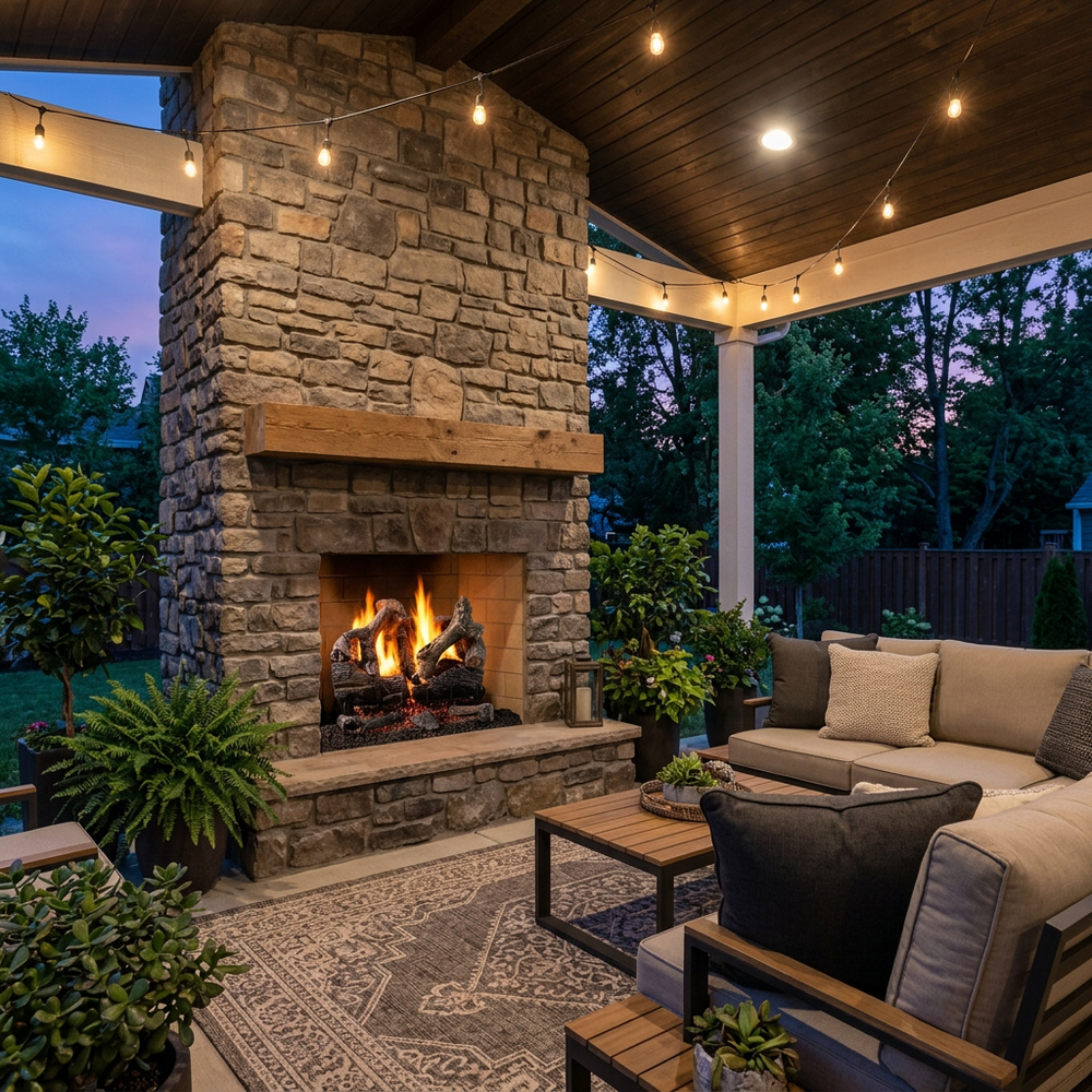 Majestic 3-Tier Stadium Outdoor Burner vented gas log set in Grand Oaks burning in a tall outdoor stone fireplace on a covered patio with string lights
