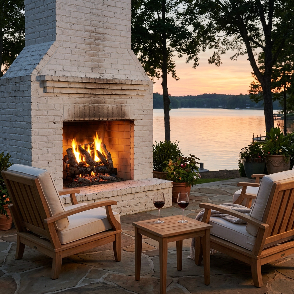 Majestic 3-Tier Stadium Outdoor Burner vented gas log set in Heritage Oak glowing in a white brick outdoor fireplace on a lakeside patio at sunset