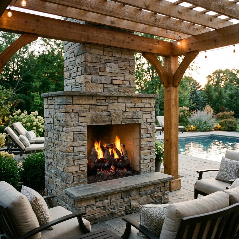 Majestic 3-Tier Stadium Outdoor Burner vented gas log set in Heritage Oak burning in a stacked-stone outdoor fireplace under a pergola by the pool