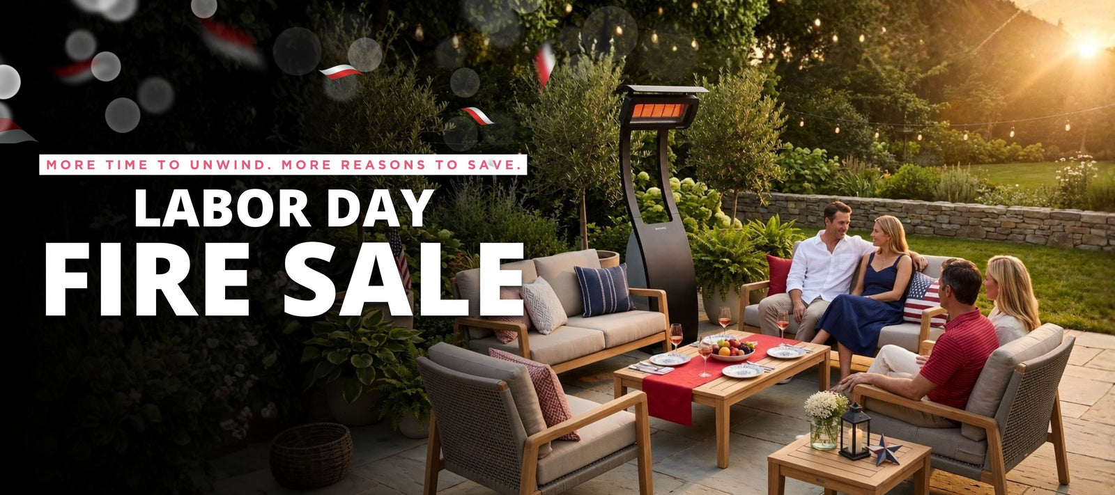 Backyard scene with a freestanding heater, people gathered around a table. Banner reads "Labor Day Fire Sale"