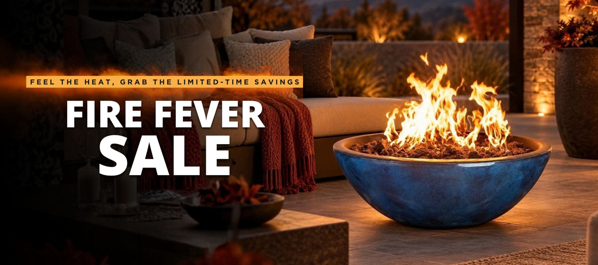 Modern patio with a lit fire pit bowl, a couch with pillows and throw rug. Text reads "Fire Fever Sale"