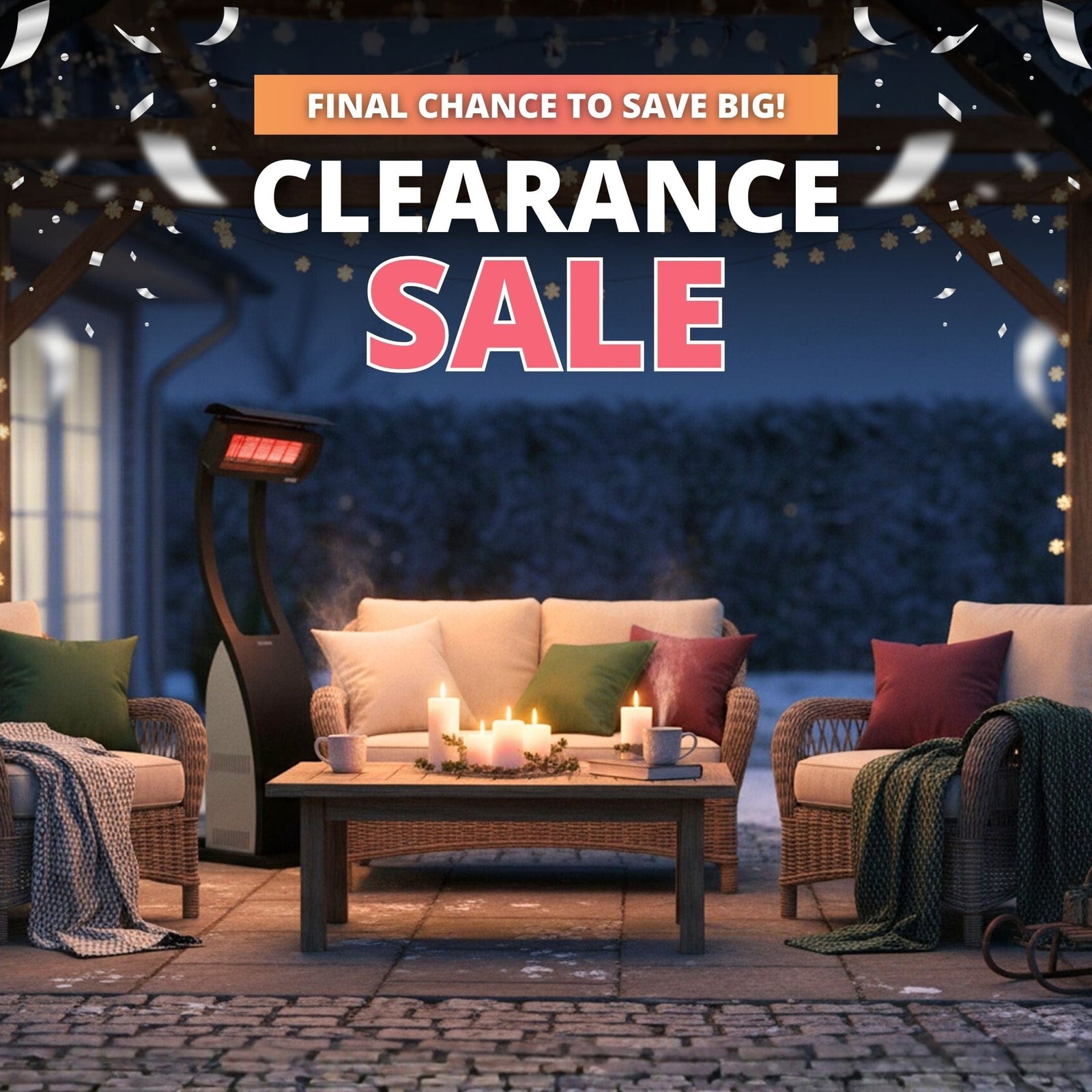 Cozy roofed patio, string lights above, portable heater behind outdoor furniture, text reads "Clearance Sale"