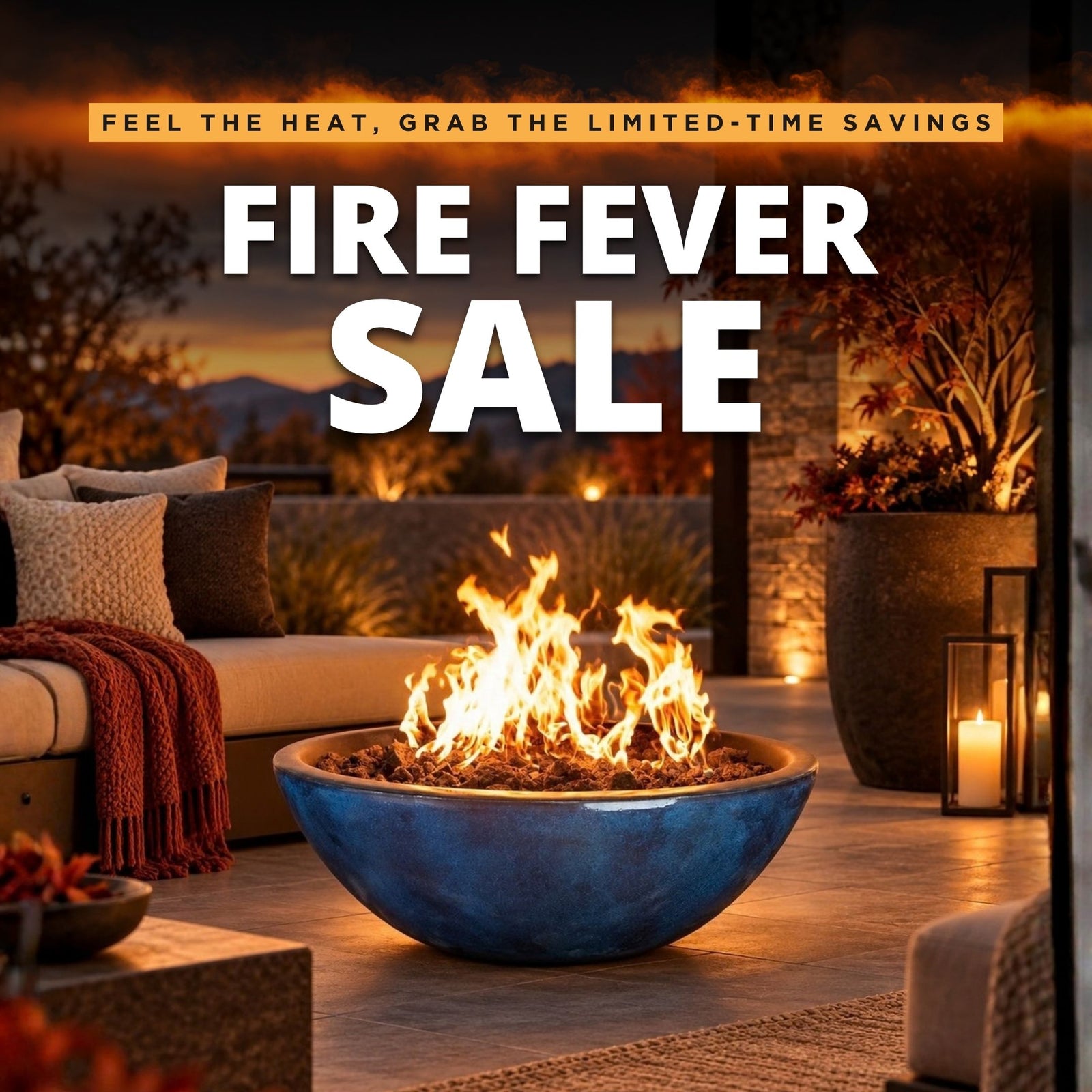Modern patio with a lit fire pit bowl, a couch with pillows and throw rug. Text reads "Fire Fever Sale"