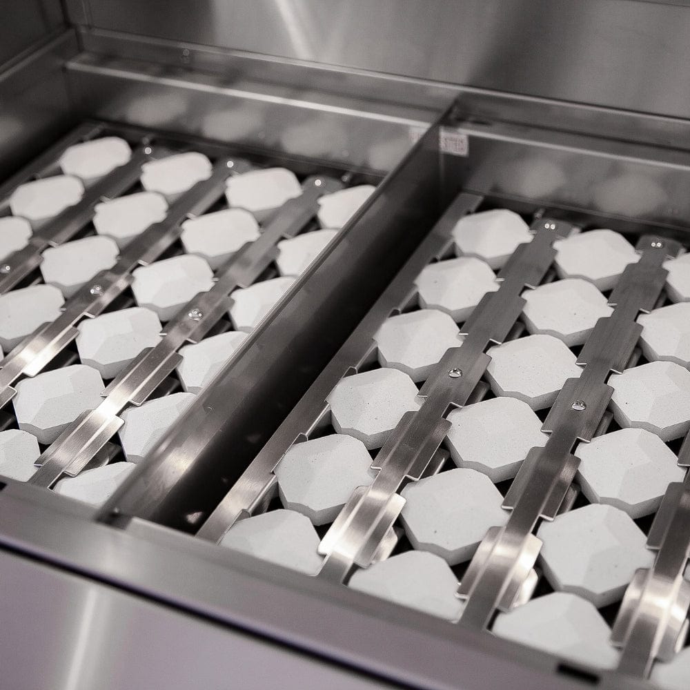 American Made Grills Estate 42 Gas Grill ceramic briquette system - angle view
