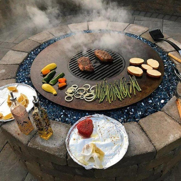 Custom Fire Pit/Grill with Arteflame Classic 11-inch Tall Corten Steel Fire Bowl - lifestyle view