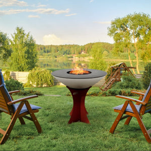 arteflame platinum grill with red eurobase by the lake