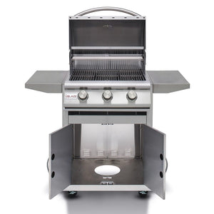 Blaze Prelude LBM 25-Inch Built-In 3-Burner Gas Grill on cart with hood and storage open
