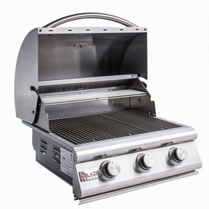 Blaze Prelude LBM 25-Inch Built-In 3-Burner Gas Grill with hood open