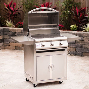 Blaze Prelude LBM 25-Inch Built-In 3-Burner Gas Grill in patio with hood open