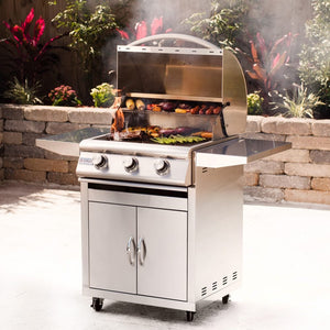 Grilling on Blaze Prelude LBM 25-Inch Built-In 3-Burner Gas Grill on patio