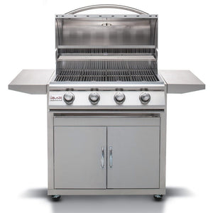 Blaze Prelude LBM 32-Inch Built-In 4-Burner Gas Grill with hood open on cart