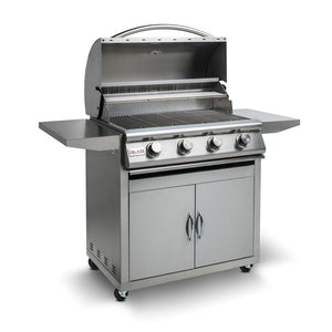 Blaze Prelude LBM 32-Inch Built-In 4-Burner Gas Grill side view on cart with hood open