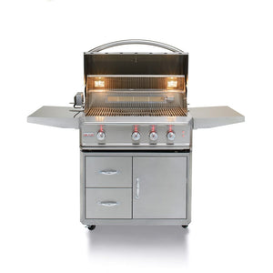Blaze Professional LUX 34-Inch Built-In 3-Burner Gas Grill with hood open on cart