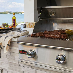 searing steaks on the Blaze Professional LUX 34-Inch Built-In 3-Burner Gas Grill