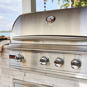 Blaze Professional LUX 34-Inch Built-In 3-Burner Gas Grill installed on an outdoor kitchen