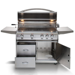 Blaze Professional LUX 44-Inch Built-In 4-Burner Gas Grill with storage and hood open 
