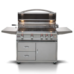 Blaze Professional LUX 44-Inch Built-In 4-Burner Gas Grill with grill hood open on cart