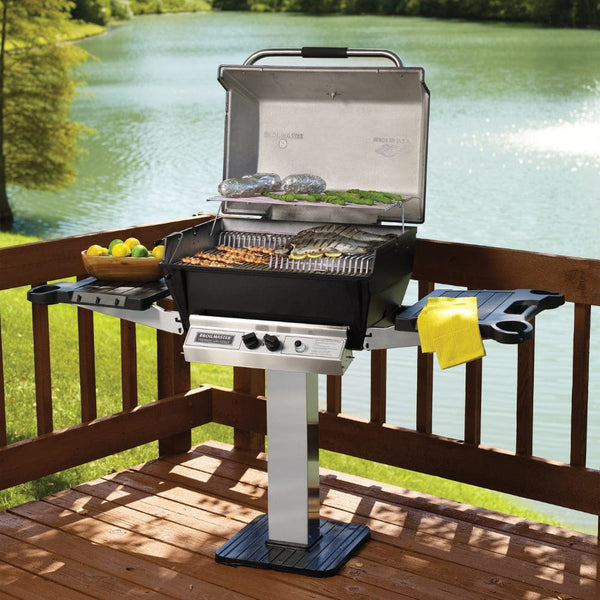 broilmaster p3x cast aluminum gas grill on a patio deck - side view