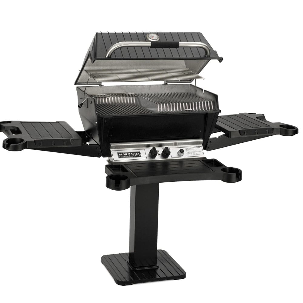 broilmaster p3x cast aluminum gas grill with black side shelves and front shelf - angle view