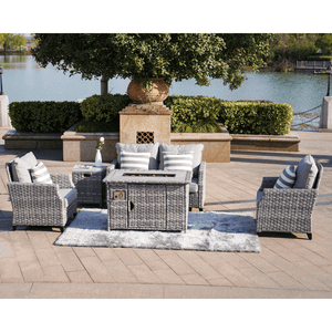 Direct Wicker Amora 5-Piece Outdoor Furniture Set with LP Fire Pit Table by the lake