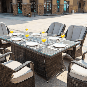 Direct Wicker Rectangular 6 Seat Fire Pit Dining Table With Eton Chair in front of shop