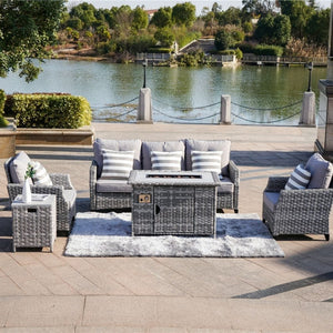 Direct Wicker Dark Gray Sofa Set With Fire Pit Coffee Table by the River